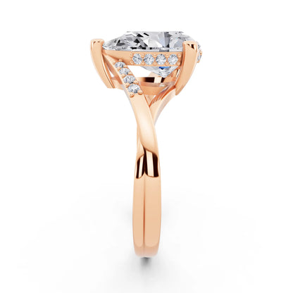18 KT Rose Gold Pear Cut Diamond Split Shank Engagement Ring with Hidden Halo - side view