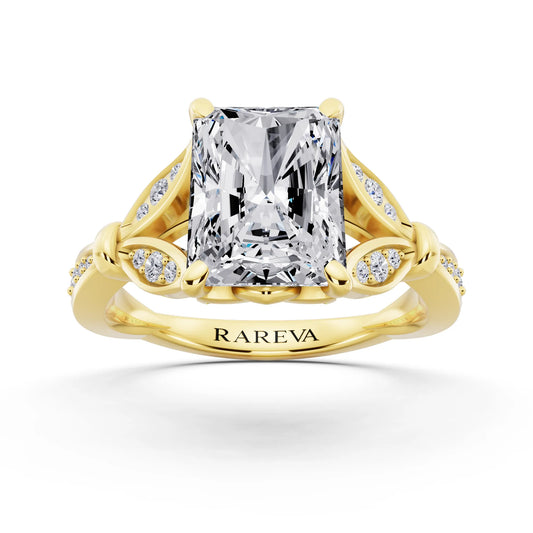 18 KT Yellow Gold Radiant Cut Diamond Ring with Lotus Collar - front view