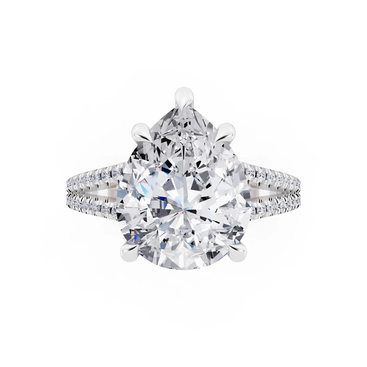 18 KT White Gold Pear Cut Diamond Ring with Pavé Split Shank - top angle
