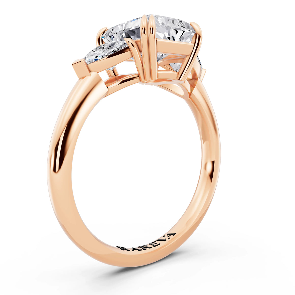14 KT Rose Gold Radiant Cut Diamond Three Stone Ring with Trillion Accents - top view