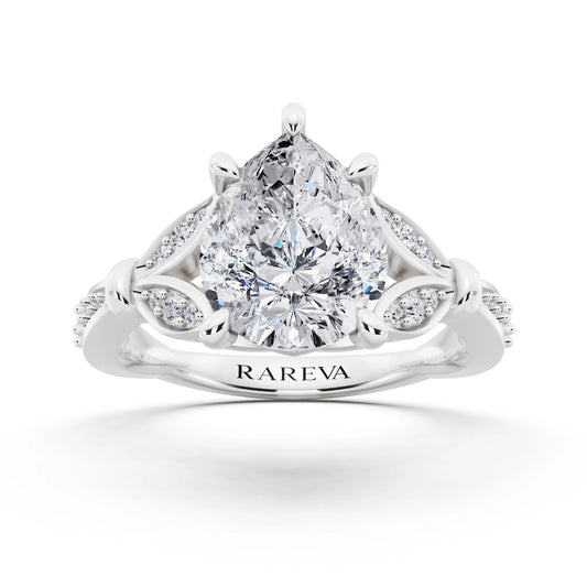 Platinum Pear Cut Diamond Ring with Lotus Collar - front view