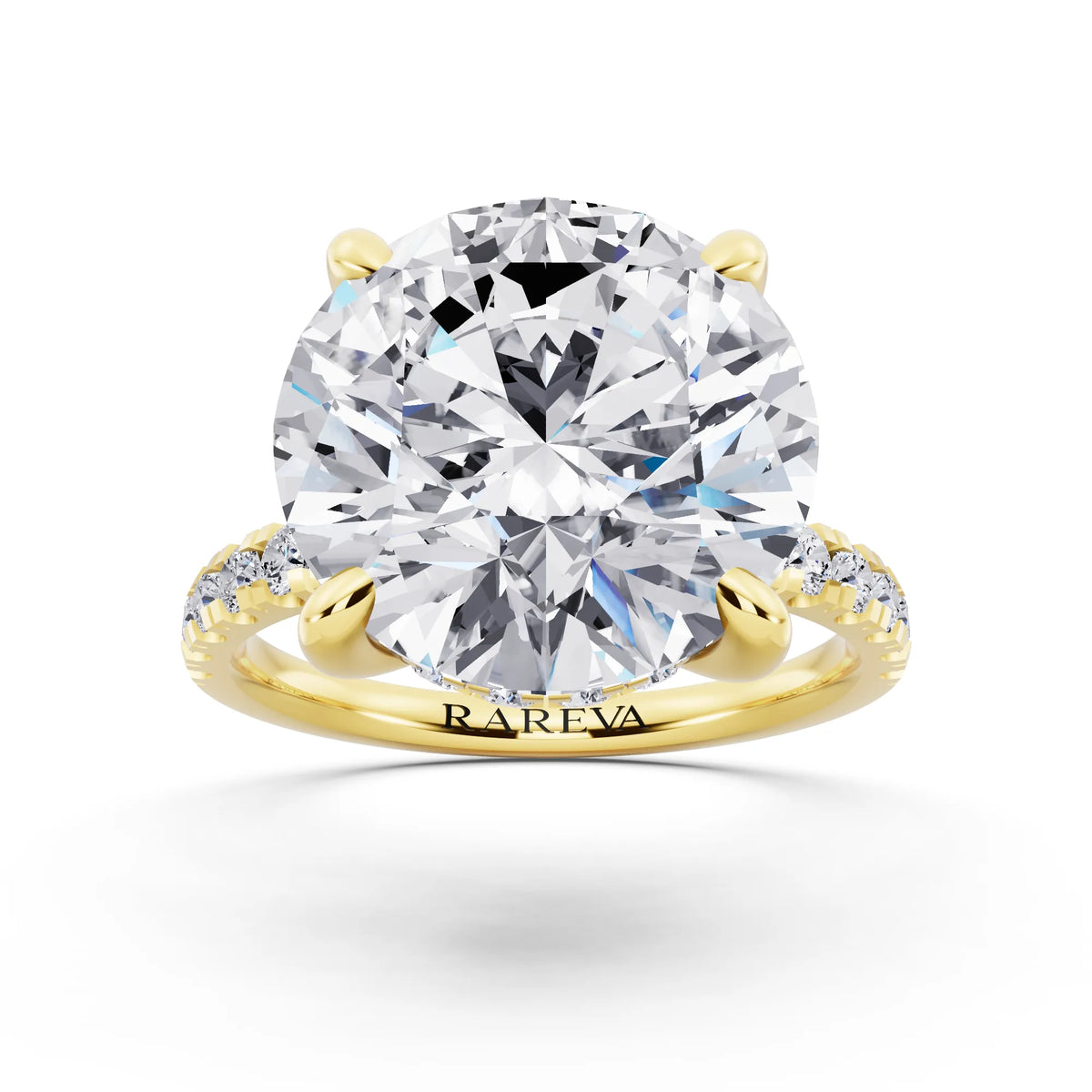 18 KT Yellow Gold Round Cut Diamond Hidden Halo Tiger Prong Pave Band Ring - front view