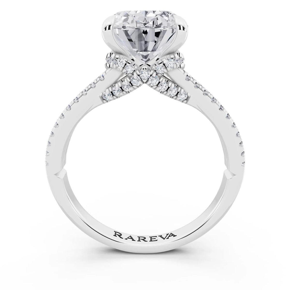 Platinum Oval Cut Diamond Ring with Pavé Split Shank - through finger