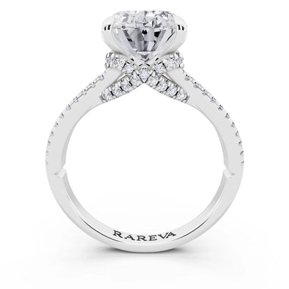 Platinum Oval Cut Diamond Ring with Pavé Split Shank - through finger