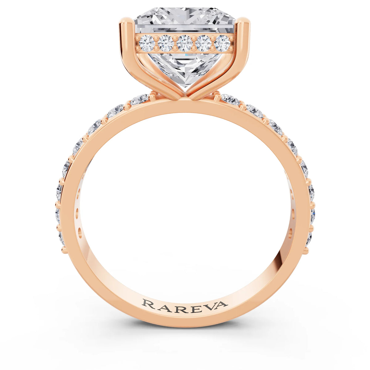 18 KT Rose Gold Princess Cut Diamond Solitaire Ring with Hidden Halo and Pave Band - through finger