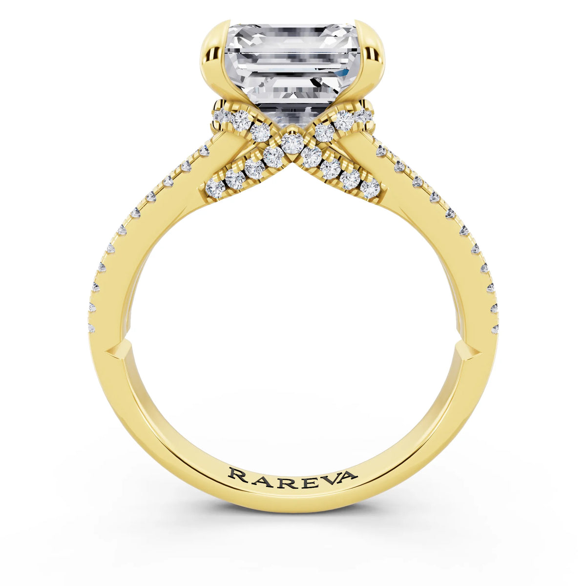 18 KT Yellow Gold Asscher Cut Diamond Ring with Pavé Split Shank - through finger