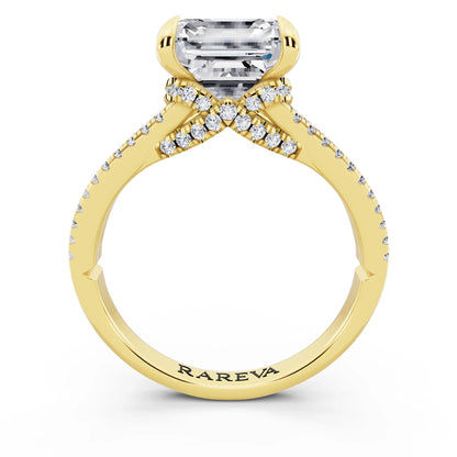 18 KT Yellow Gold Asscher Cut Diamond Ring with Pavé Split Shank - through finger