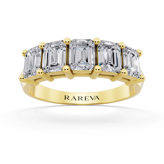14K Yellow Gold Five Stone Emerald Cut Diamond Half Eternity Wedding Band - 2.5mm - Front