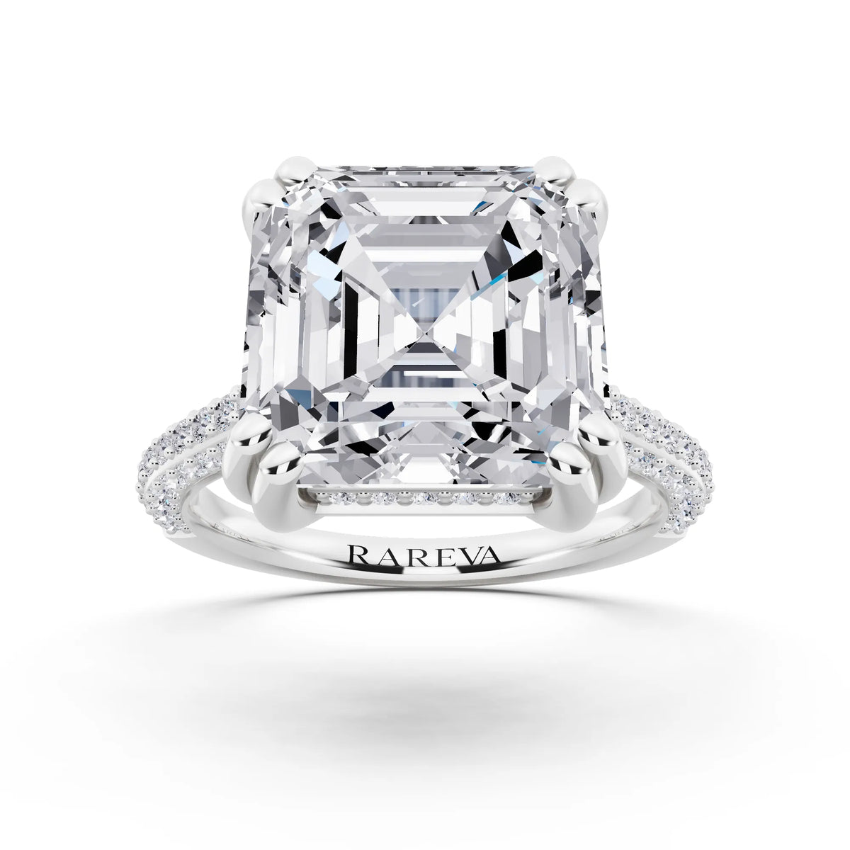 14 KT White Gold Asscher Cut Diamond Hidden Halo Double Claw Pave Band Ring - front view