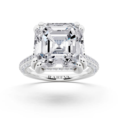 14 KT White Gold Asscher Cut Diamond Hidden Halo Double Claw Pave Band Ring - front view