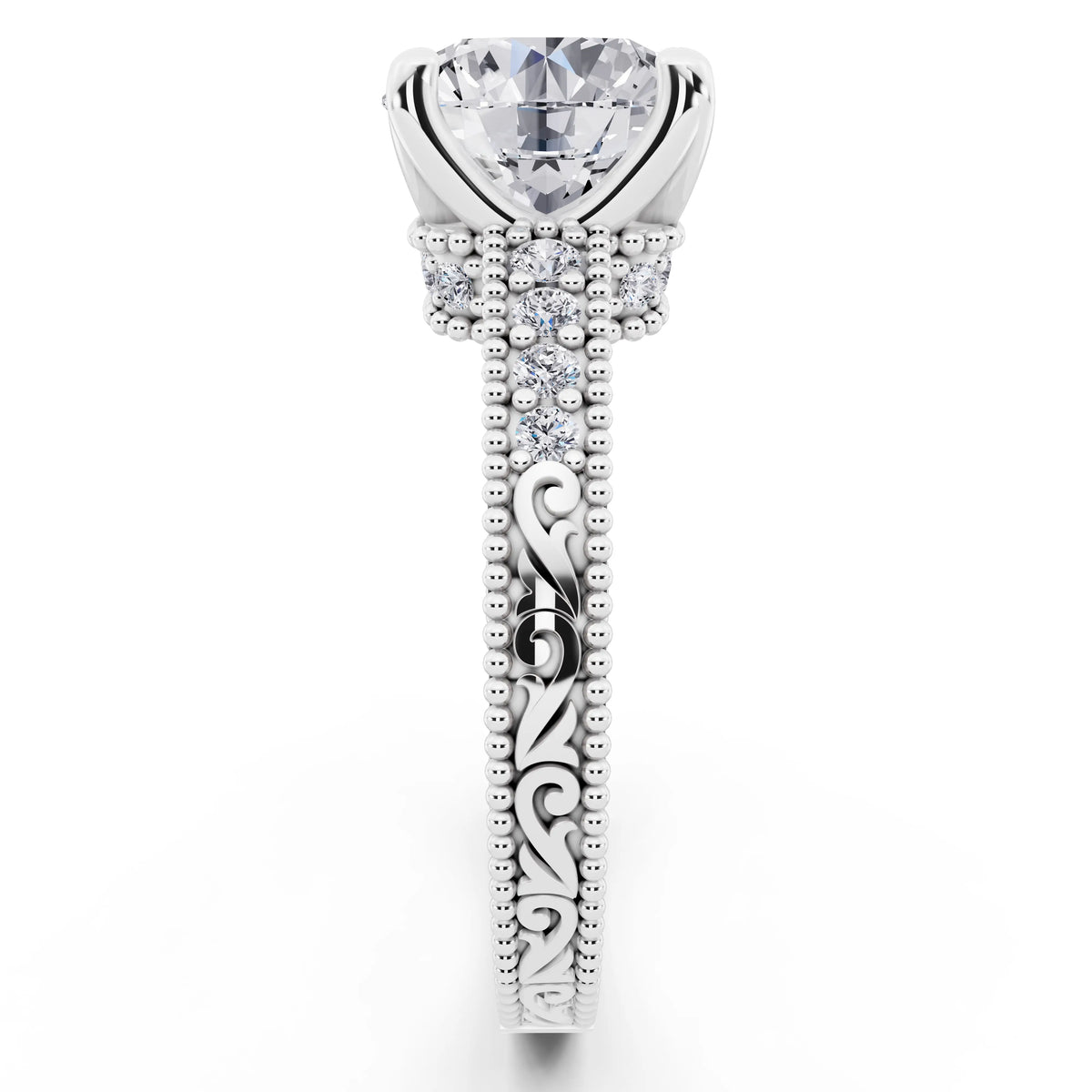 18 KT White Gold Round Cut Diamond Vintage - side view