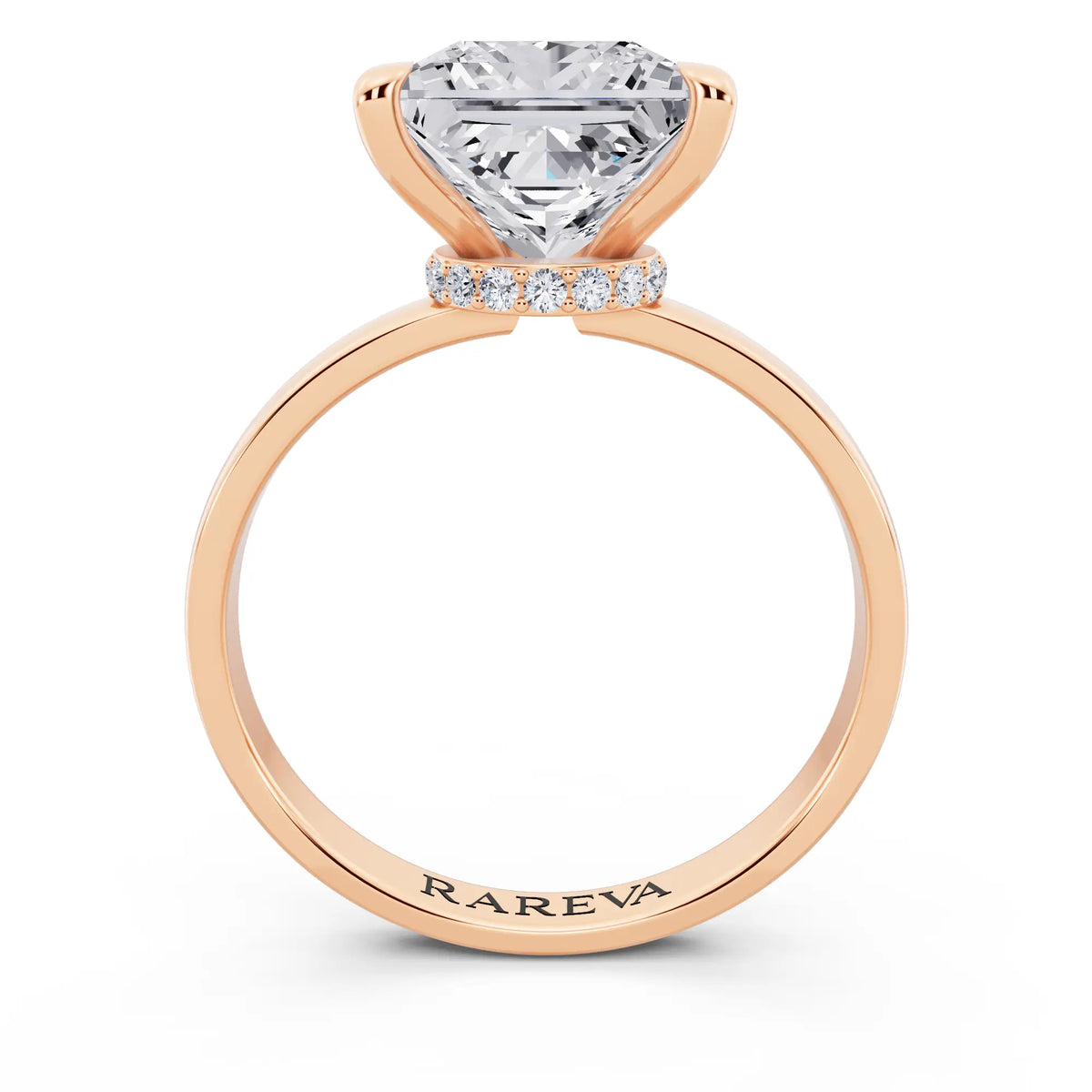 14 KT Rose Gold Princess Cut Diamond Solitaire Ring with Pave Collar - through finger