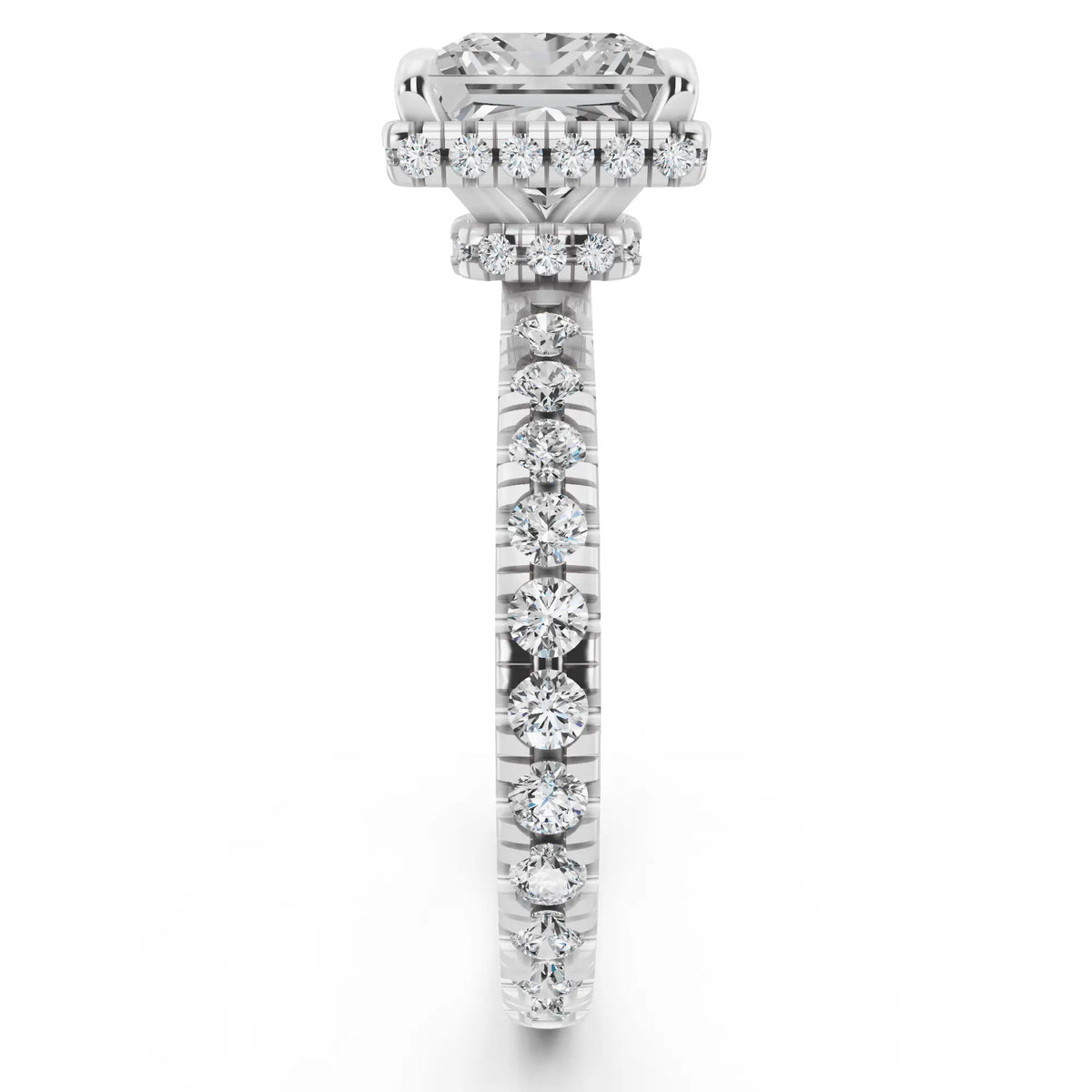 18 KT White Gold Princess Cut Diamond Hidden Halo Ring with Pave Band - side view