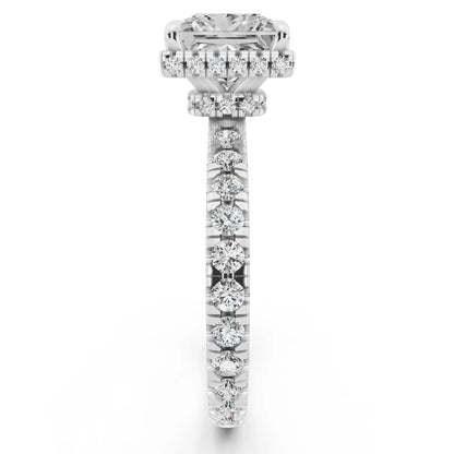 18 KT White Gold Princess Cut Diamond Hidden Halo Ring with Pave Band - side view