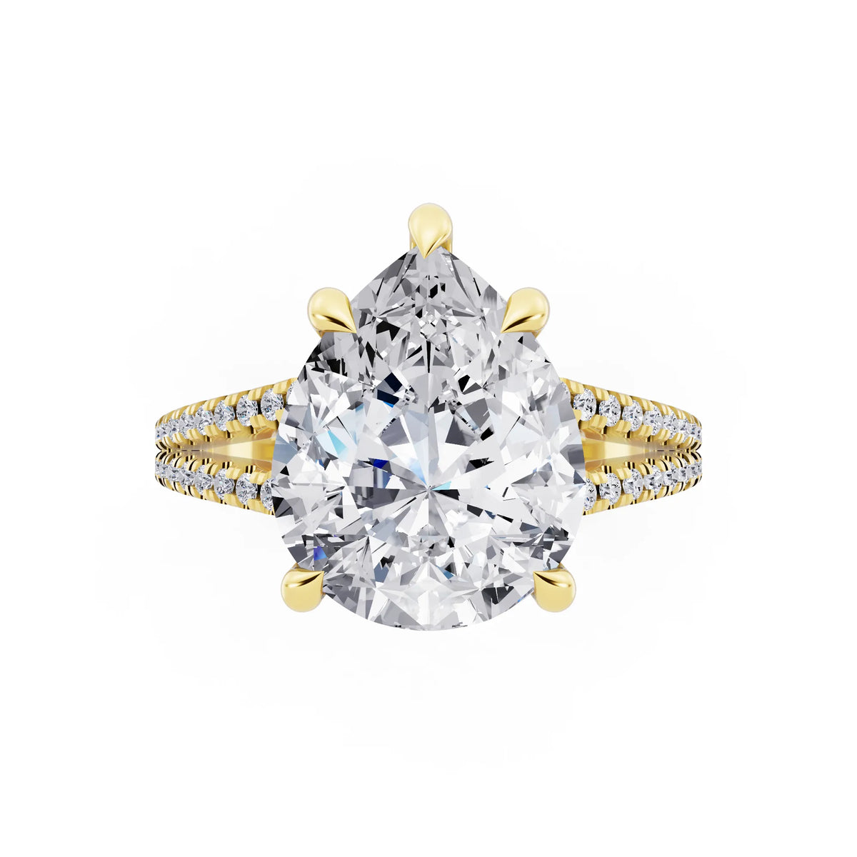 18 KT Yellow Gold Pear Cut Diamond Ring with Pavé Split Shank - top angle