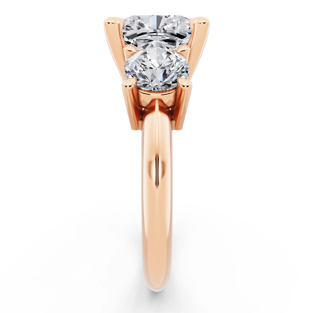 14 KT Rose Gold Cushion Cut Diamond Three Stone Ring with Round Accents - side view