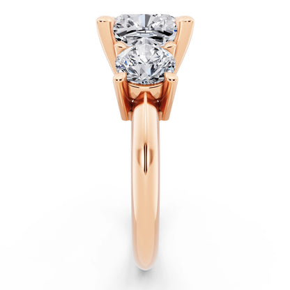 14 KT Rose Gold Cushion Cut Diamond Three Stone Ring with Round Accents - side view