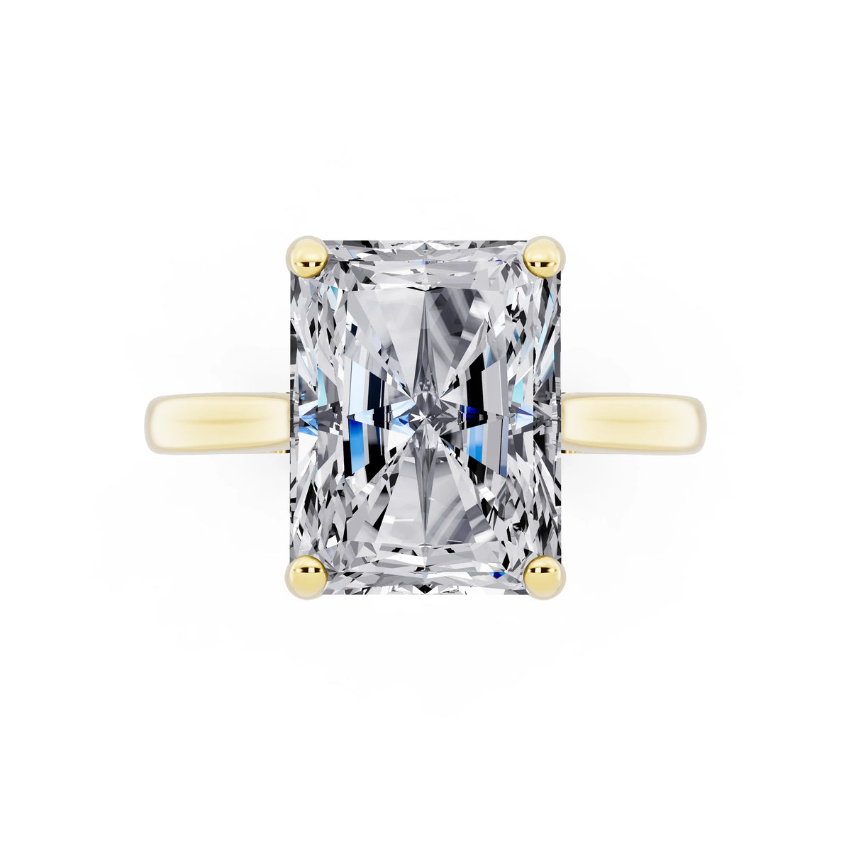18 KT Yellow Gold Radiant Cut Diamond Solitaire Ring with Cathedral Band - top angle