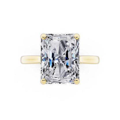 18 KT Yellow Gold Radiant Cut Diamond Solitaire Ring with Cathedral Band - top angle