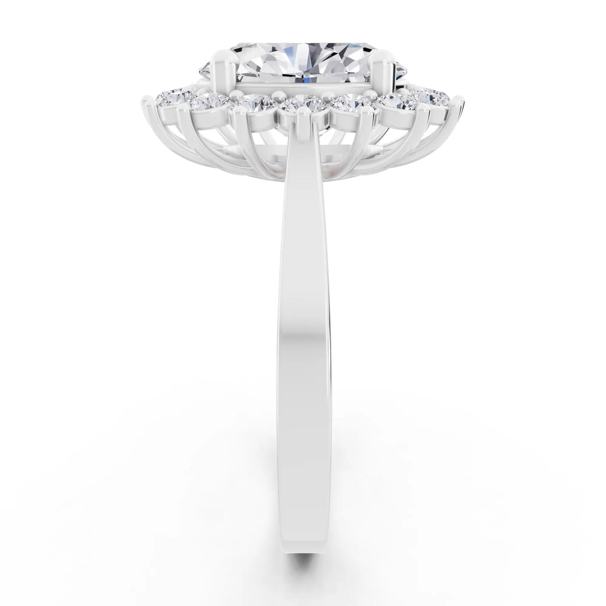 Platinum Oval Cut Diamond Floral Halo Ring - Side view