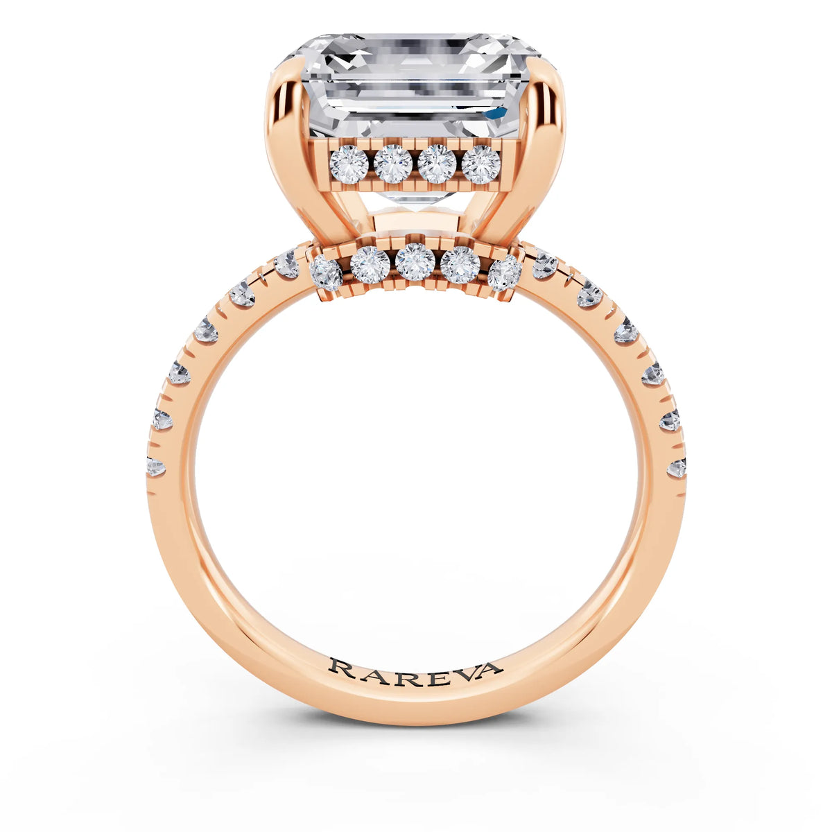 18 KT Rose Gold Asscher Cut Diamond Hidden Halo Tiger Prong Pave Band Ring - through finger