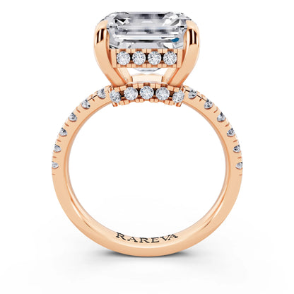 18 KT Rose Gold Asscher Cut Diamond Hidden Halo Tiger Prong Pave Band Ring - through finger