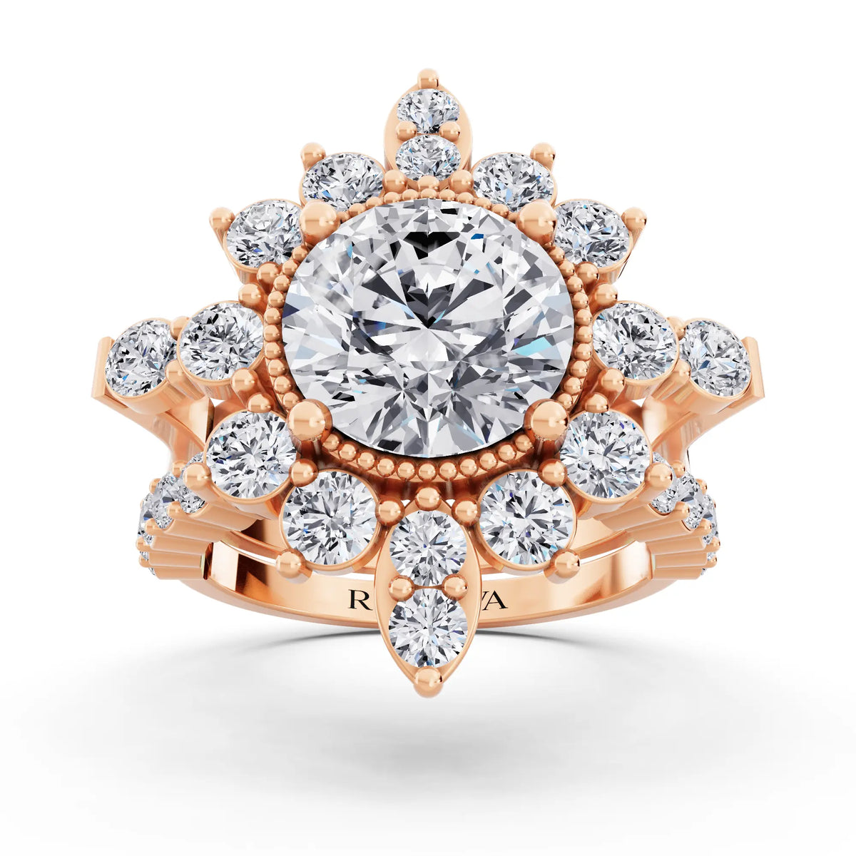 18 KT Rose Gold Round Cut Diamond Starburst Halo Ring - Front