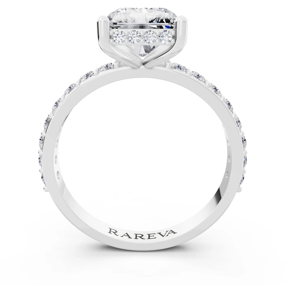 18 KT White Gold Radiant Cut Diamond Solitaire Ring with Hidden Halo and Pave Band - through finger