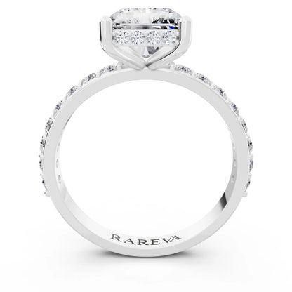 18 KT White Gold Radiant Cut Diamond Solitaire Ring with Hidden Halo and Pave Band - through finger