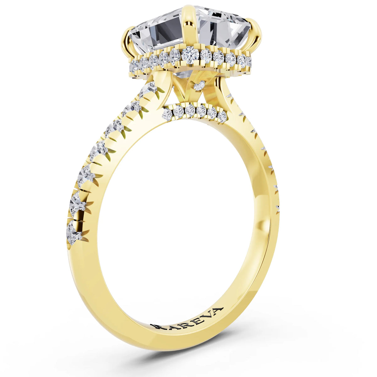 14 KT Yellow Gold Emerald Cut Diamond Ring with Hidden Halo - top view