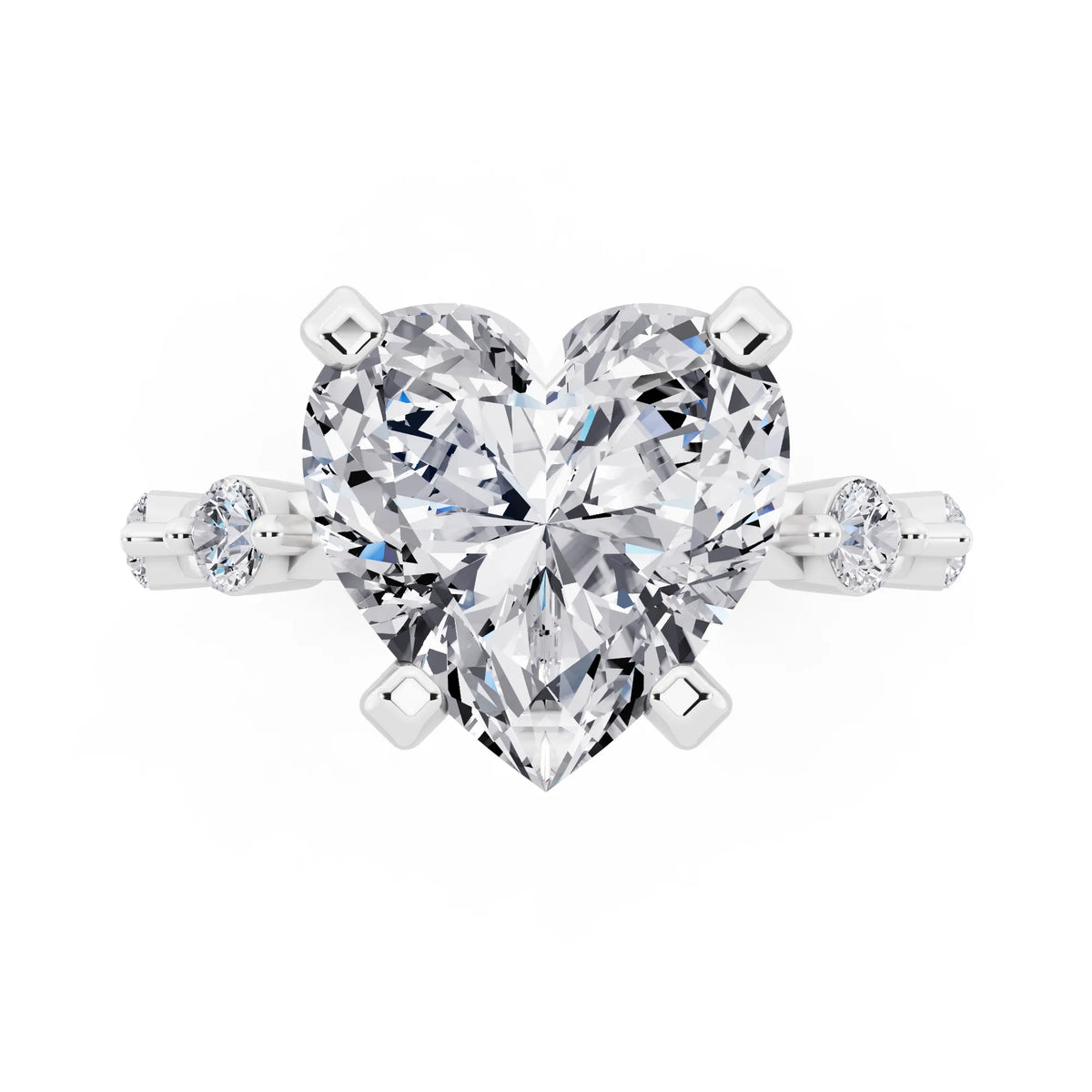 Platinum Heart Cut Diamond Solitaire Ring with Floating Diamond Accents - top angle