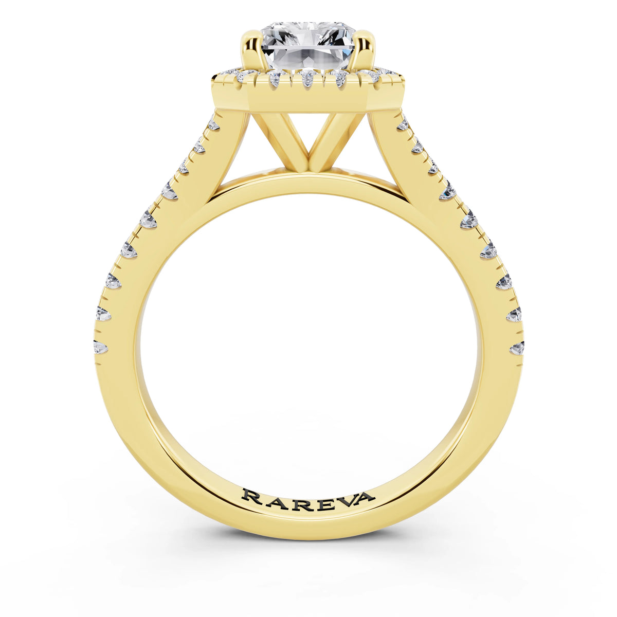 18 KT Yellow Gold Radiant Cut Diamond Halo Ring with Split Shank - through finger