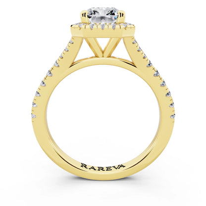 18 KT Yellow Gold Radiant Cut Diamond Halo Ring with Split Shank - through finger