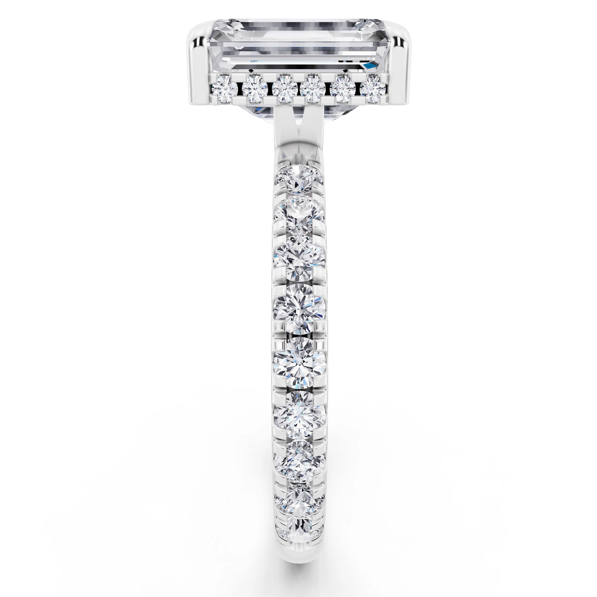 18 KT White Gold Emerald Cut Diamond Solitaire Ring with Hidden Halo and French Pave Band - side view
