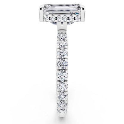 18 KT White Gold Emerald Cut Diamond Solitaire Ring with Hidden Halo and French Pave Band - side view