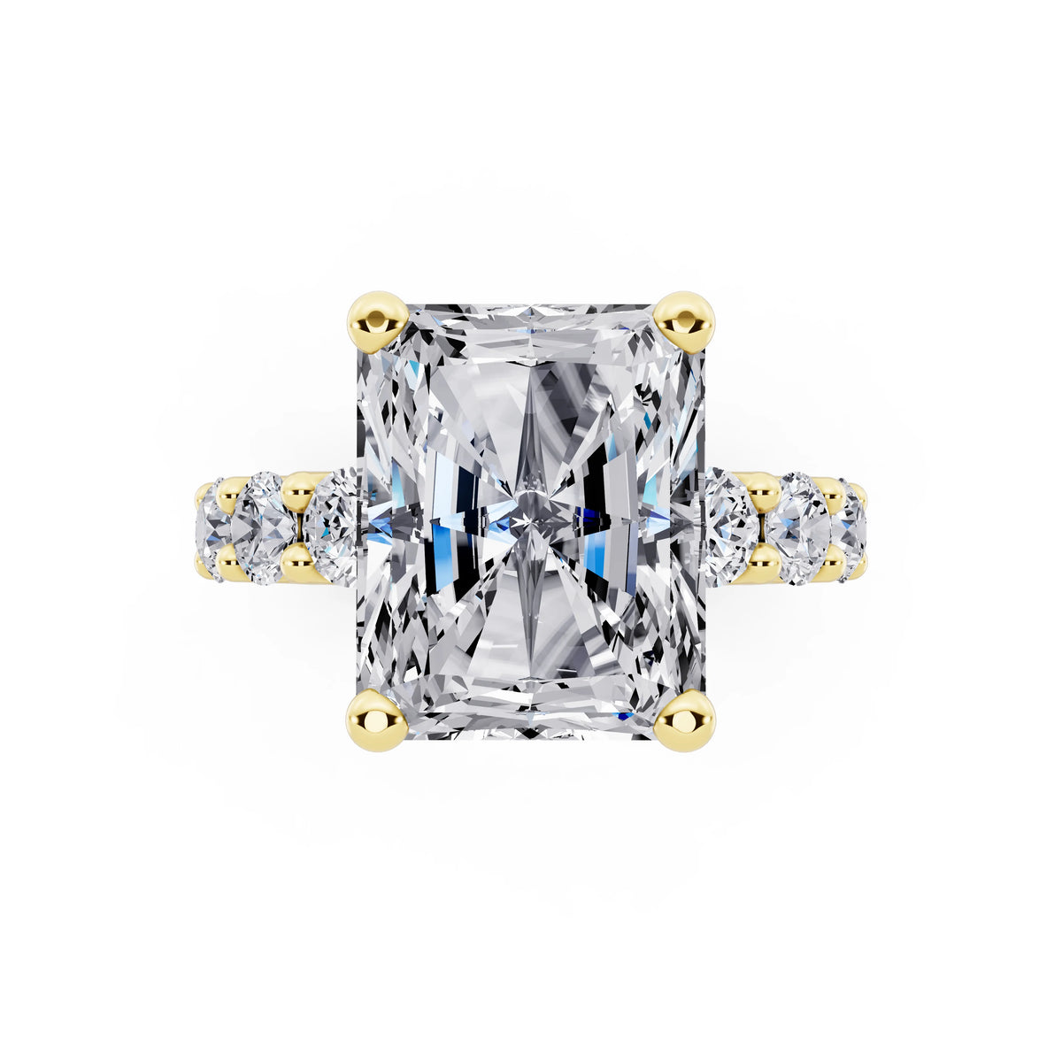 14 KT Yellow Gold Radiant Cut Diamond Ring with Shared Prong Eternity Band - top angle