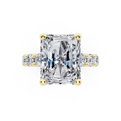 14 KT Yellow Gold Radiant Cut Diamond Ring with Shared Prong Eternity Band - top angle