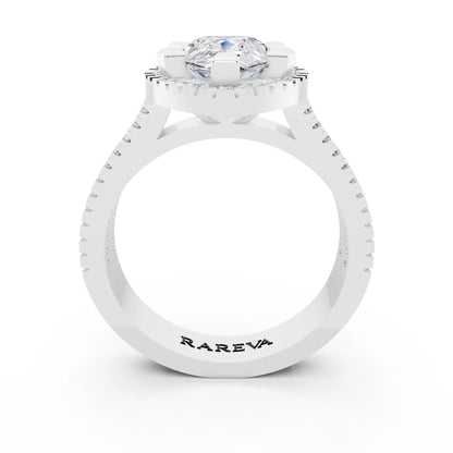 18 KT White Gold Pear Cut Diamond Halo Ring with Twin Pave Band - through finger