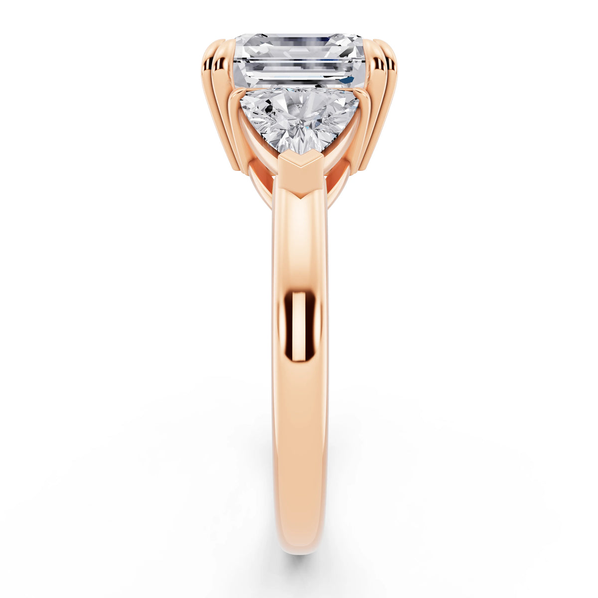 14 KT Rose Gold Asscher Cut Diamond Three Stone Ring with Trillion Accents - side view