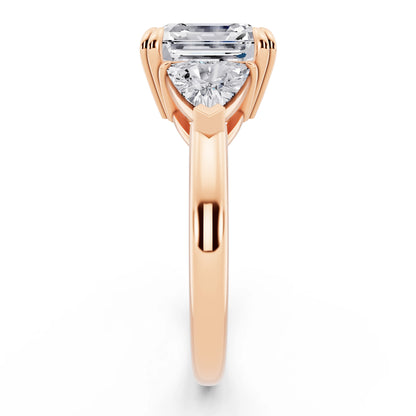 14 KT Rose Gold Asscher Cut Diamond Three Stone Ring with Trillion Accents - side view