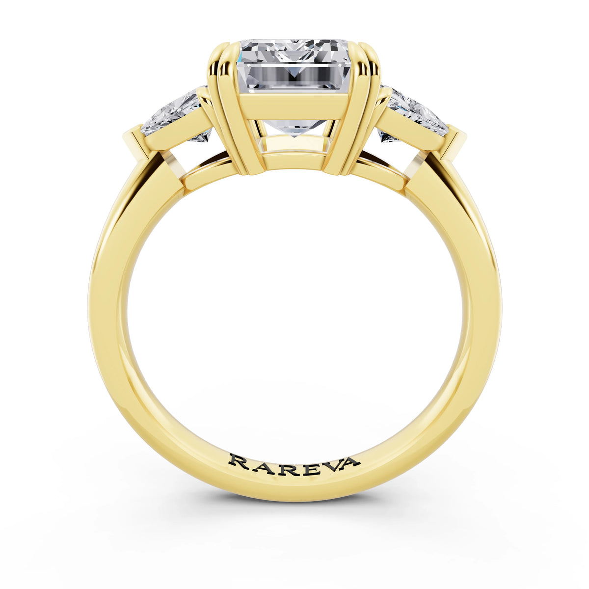 18 KT Yellow Gold Emerald Cut Diamond Three Stone Ring with Trillion Accents - through finger