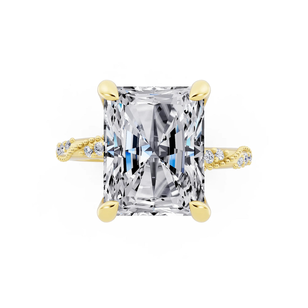 14 KT Yellow Gold Radiant Cut Diamond Ring with Marquise Accent - top angle