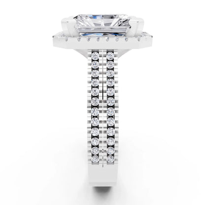 Platinum Radiant Cut Diamond Halo Ring with Twin Pave Band - side view