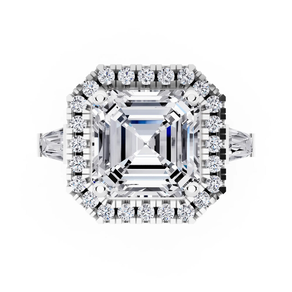 18 KT White Gold Asscher Cut Diamond Halo Ring with Baguette Accents - top angle
