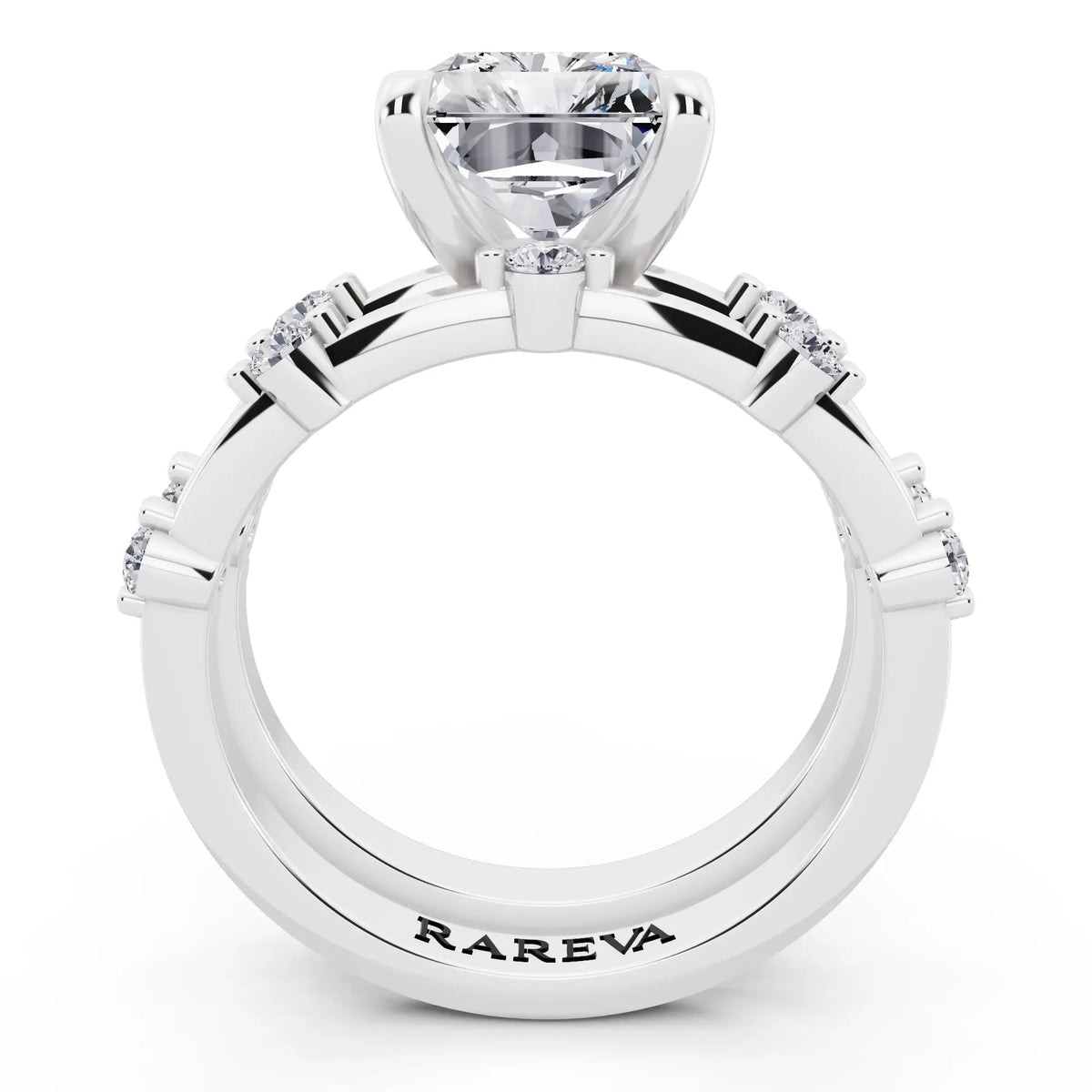 18 KT White Gold Radiant Cut Diamond Ring with Floating Accent Band - through finger