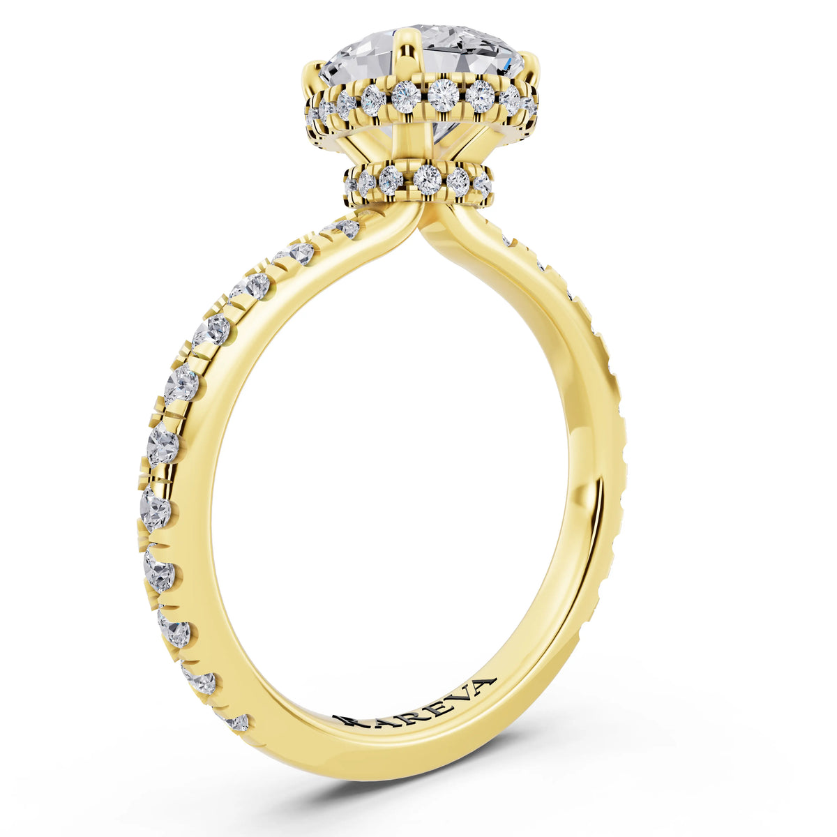 18 KT Yellow Gold Oval Cut Diamond Hidden Halo Ring with Pave Band - top view