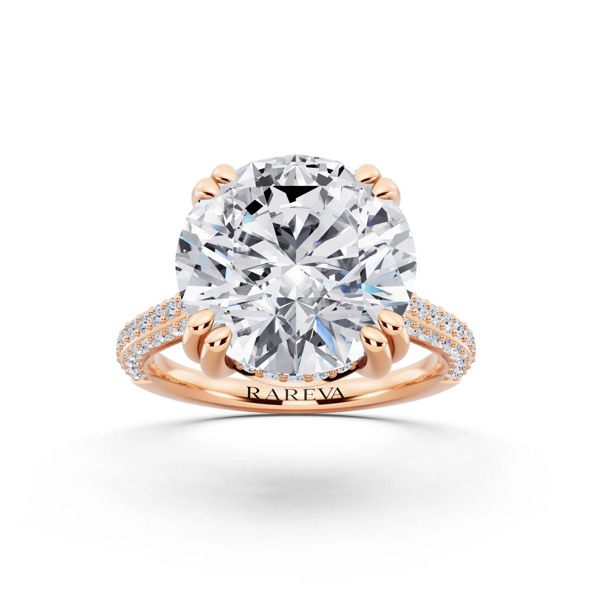 14 KT Rose Gold Round Cut Diamond Hidden Halo Double Claw Pave Band Ring - front view