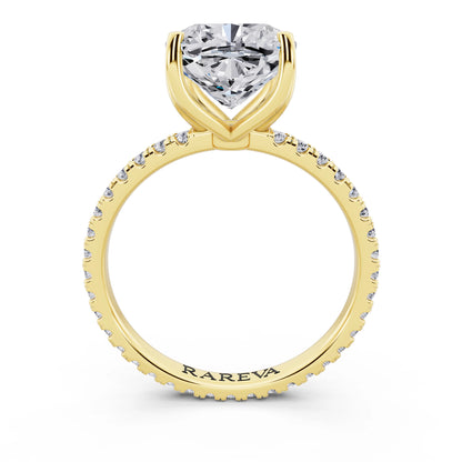 18 KT Yellow Gold Cushion Cut Diamond Solitaire Ring with Pave Eternity Band - through finger