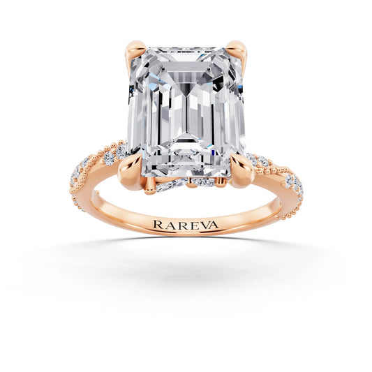 14 KT Rose Gold Emerald Cut Diamond Ring with Marquise Accent - front view