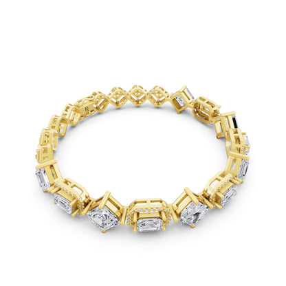 14K Yellow Gold Square Emerald and Emerald Cut Halo Diamond Tennis Bracelet - Left